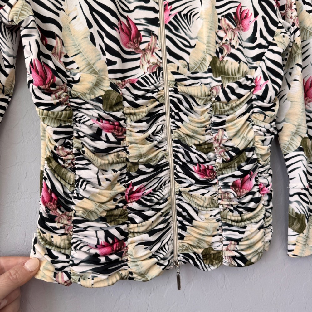 Alberto Makali Zebra Floral Print Ruched Front Zip Up Top Blouse M - Picture 4 of 5